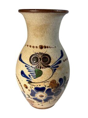 Tonala Mexican Pottery Vase Owl & Floral Motif Earth Tones & Blue 8.75" Vintage